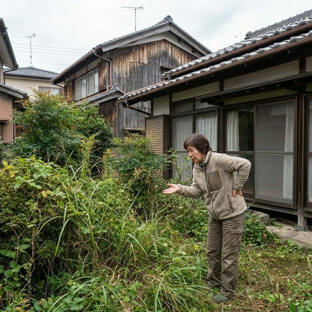 雑草が生い茂る庭を見つめる住人